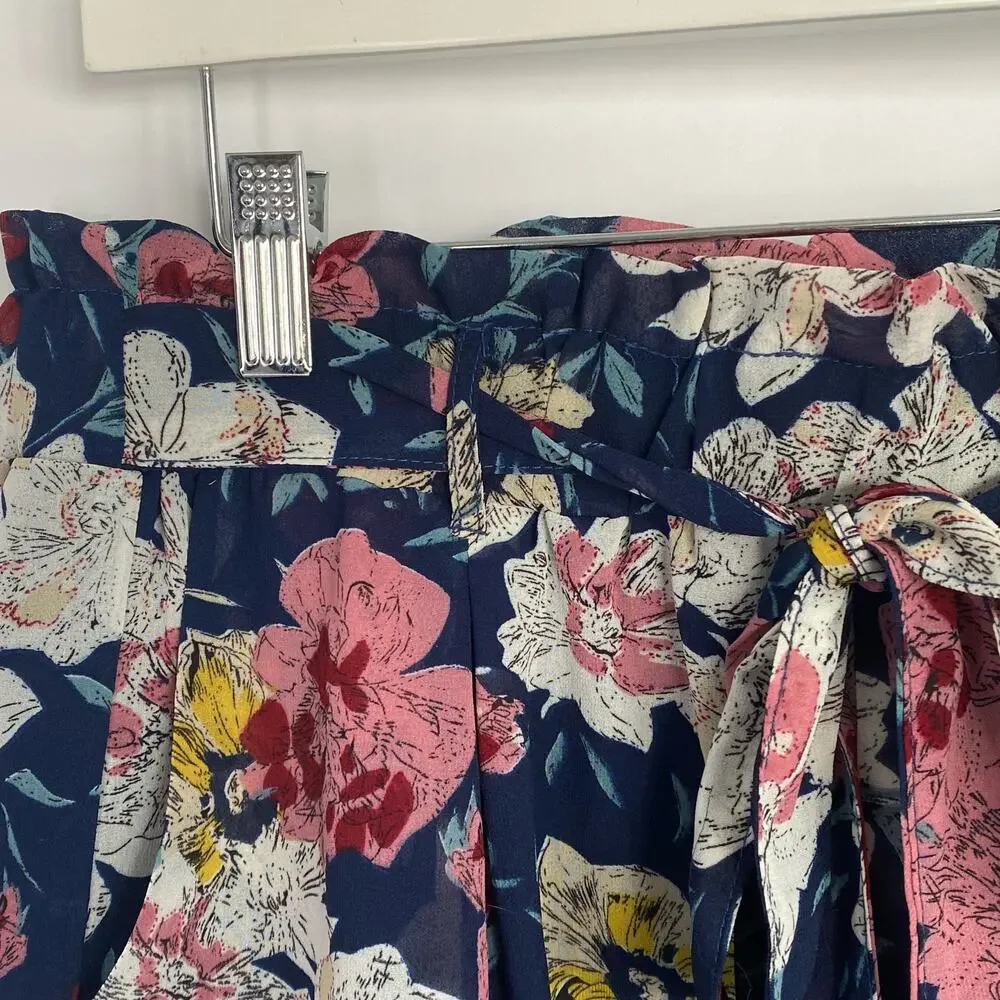 Love Floral Shorts Womens Large Floral Ruffled Hem/Waist Tie‎ Front Lined